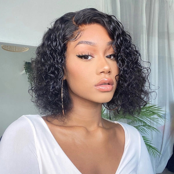 Curly Wave Bob T Part Human Hair Lace Front Wigs Hair Pre-Plucked Hair