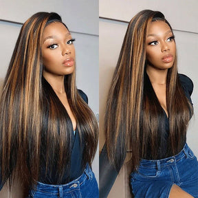 Natural Hairline Highlight Color Straight Hair 13x4 Lace Frontal Wig 100% Human Hair