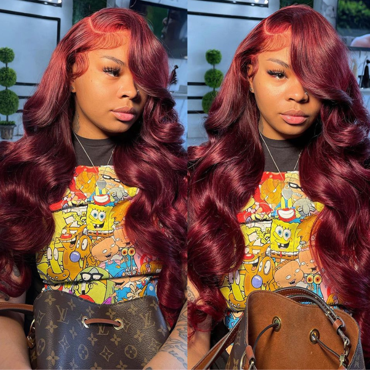 99J Burgundy Body Wave 13x4 Transparent Lace Frontal Wig 100 % Human Hair