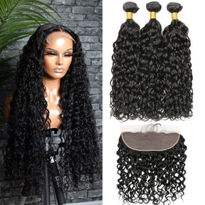 Water Wave Wig Hair Bundles  Hair With Closure 3 Bundle Deals With 13x4 Frontal 100 Human Hair Wigs