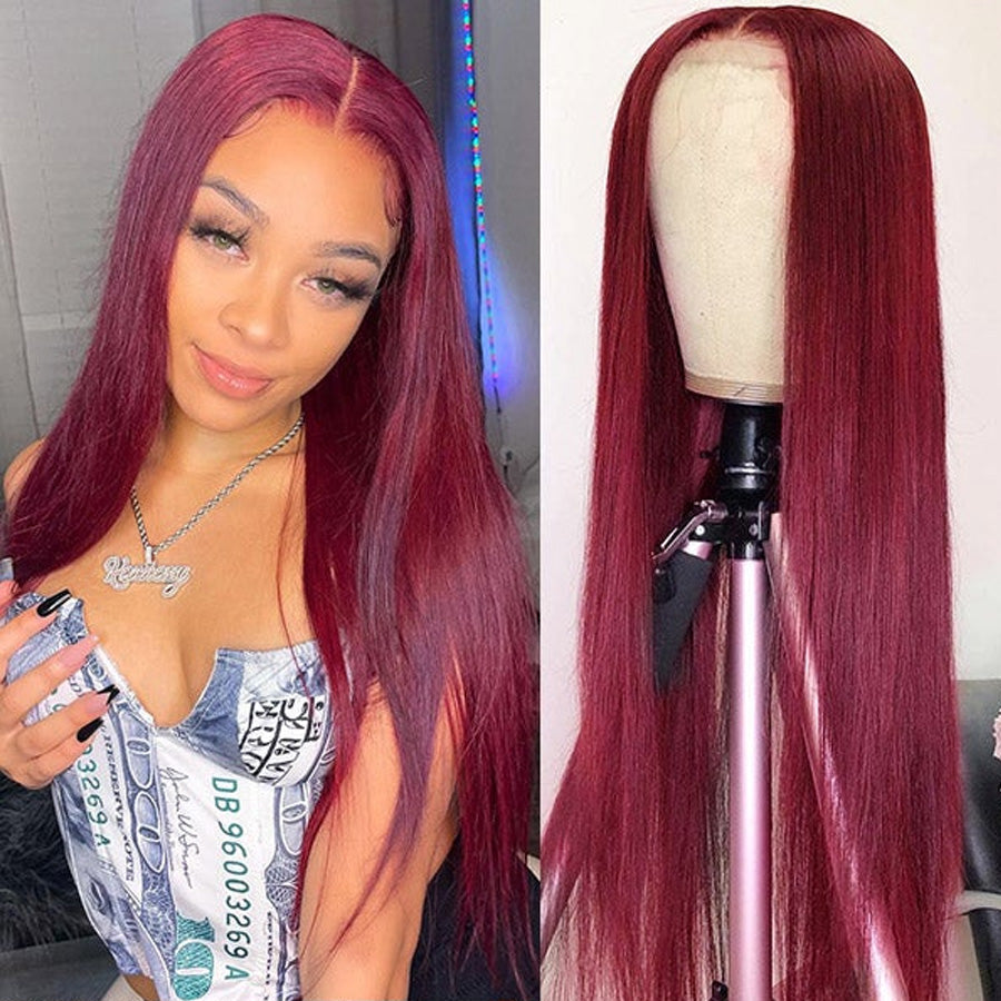 Flash Sale 99J Burgundy Straight 4x4 Transparent Lace Frontal Wig 100 % Human Hair