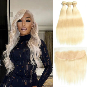 613 Blonde Virgin Hair Straight 13x4 Lace Closure With 3 Bundles Human Hair Weave