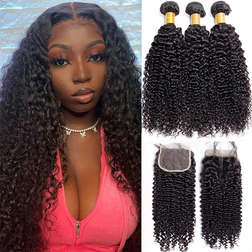 Brazilian Hair Bundles Jerry Curly Hair With Closure 3 Bundle Deals With 4x4 Closure