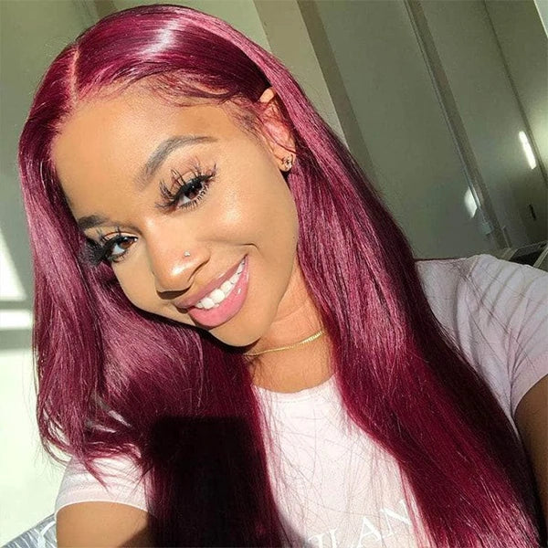 99J Burgundy Straight 13x4 Transparent Lace Frontal Wig 100 % Human Hair Natural Looking