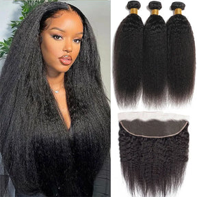 13x4 Frontal With Yaki Straight  Wig Hair Bundles  Hair With Closure 3 Bundle Deals