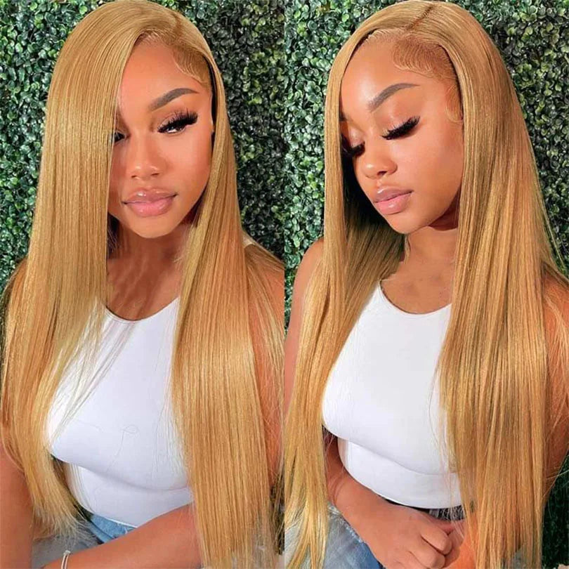 Glueless 13x4 Transparent Lace Frontal Wig real Human Hair #27 Color Straight Wigs