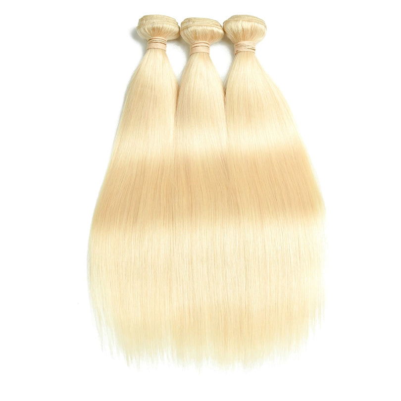 613 Blonde Virgin Hair Straight 4x4 Lace Closure With 3 Bundles Human Hair Weave
