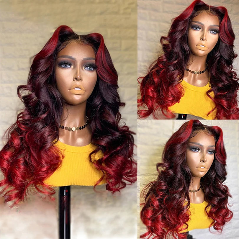 red ombre Body Wave Natural Hairline Lace Frontal Wig 100% Virgin Human Hair Wigs