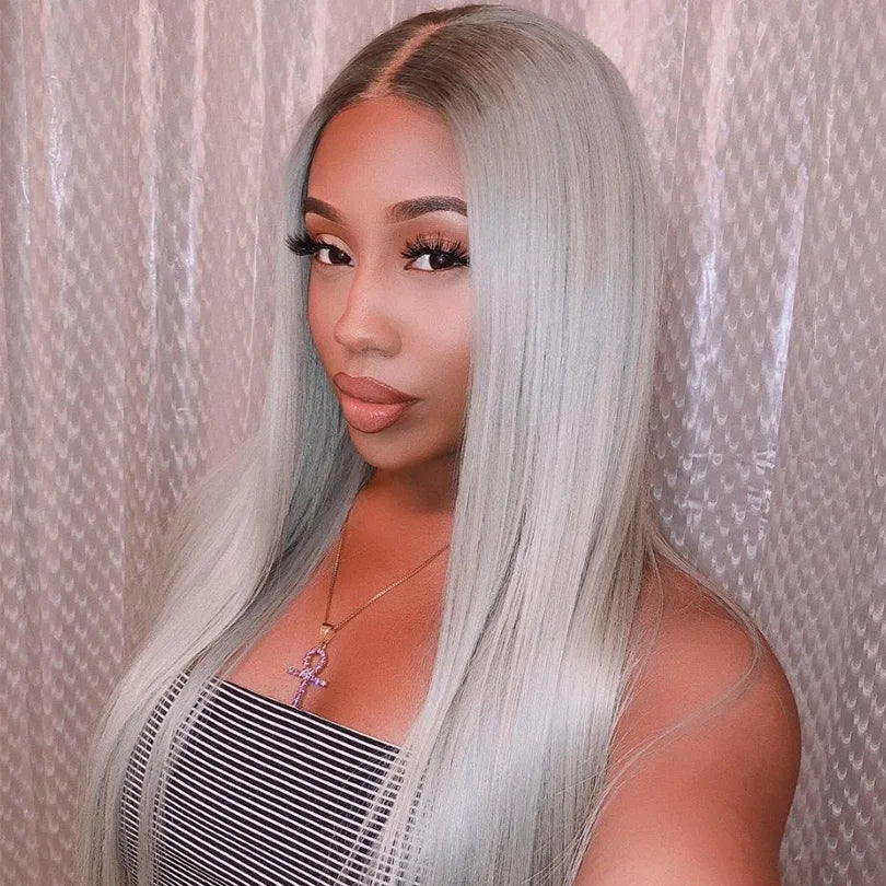 Glueless Grey Straight 13x4 Lace Frontal Wig Transparent 100% Human Hair Wigs