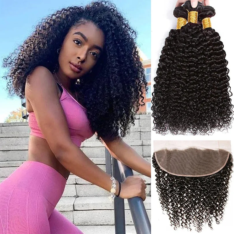 13x4 Jerry Curly Frontal Wig real Human Hair Bundles  Hair With Closure 3 Bundle