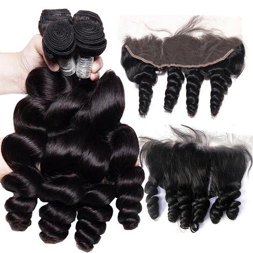 13x4 Frontal With Loose Wave Wig Hair Bundles  Hair With Closure 3 Bundle Deals