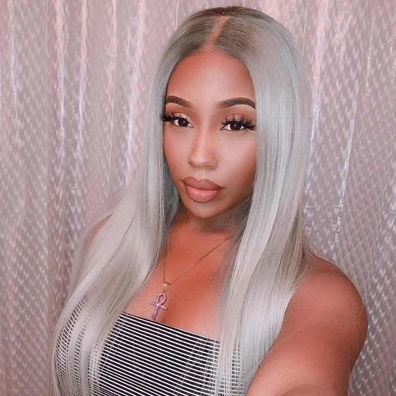 Glueless Grey Straight 13x4 Lace Frontal Wig Transparent 100% Human Hair Wigs