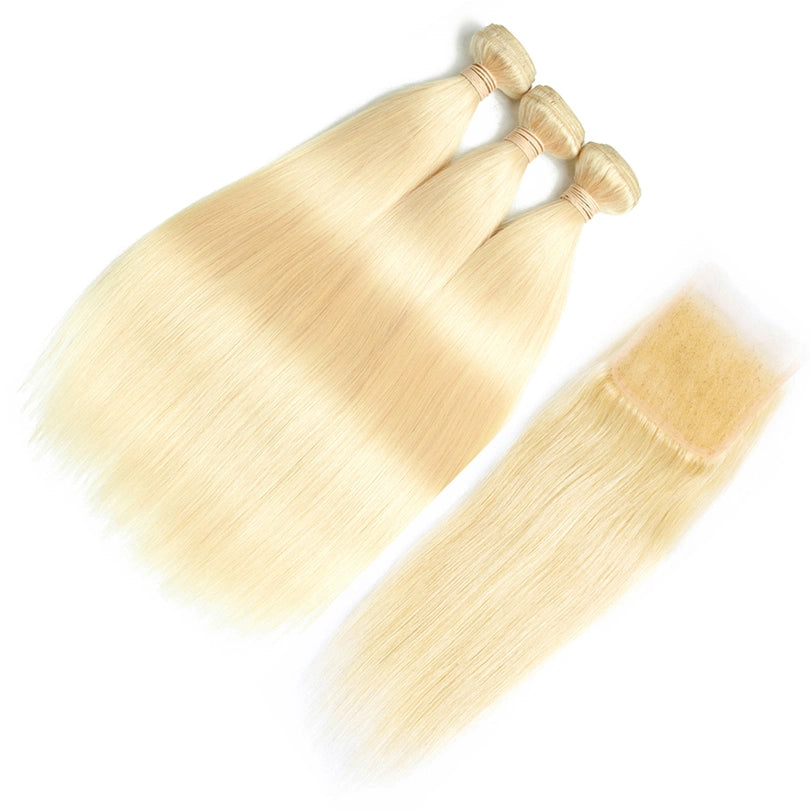 613 Blonde Virgin Hair Straight 4x4 Lace Closure With 3 Bundles Human Hair Weave