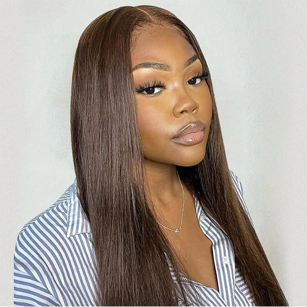 13x4 Lace Frontal Wig 100% Human Hair #4 Chestnut Color Straight Wigs Natural Hairline