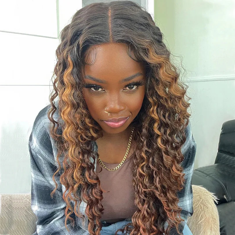 Highlight Color Curly Wave 13x4 Lace Frontal Wig  Pre Plucked 100% Human Hair