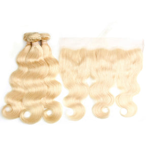 613 Blonde Virgin Hair Body Wave 13x4 Lace Closure With 3 Bundles Human Hair Weave