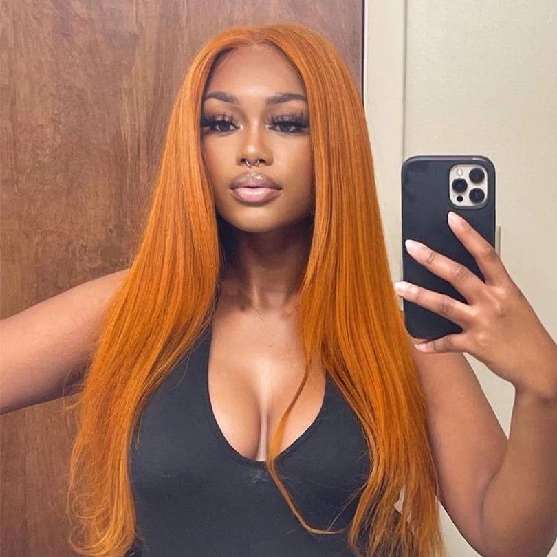 Affordable Ginger Orange  Straight Lace Frontal Wig real Human Hair Wigs Natural Hairline
