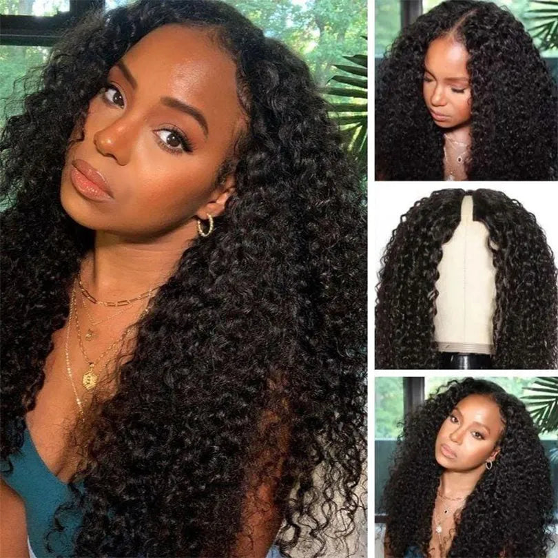 100% Human Hair Wig Natural Hairline V Part Jerry Curly Wig For Black Women
