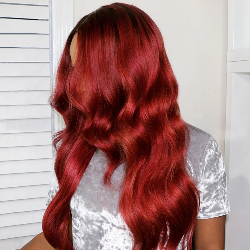 99J Burgundy Body Wave 13x4 Transparent Lace Frontal Wig 100 % Human Hair